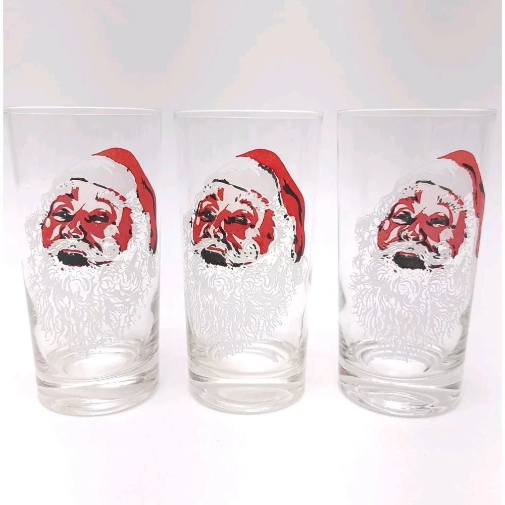 Set Of Three Vintage MCM Drinking‎ Glasses Santa's Santa Face Holiday Christmas